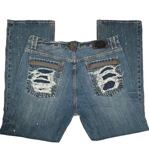 X RAY Jeans Mens 42 40X33 Distressed Leather Paint Splatter Bootcut Grunge Club